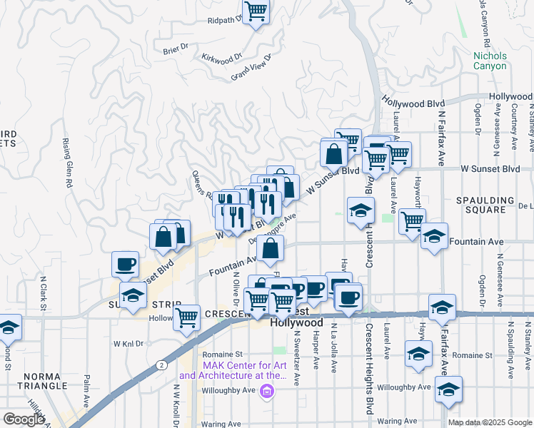 map of restaurants, bars, coffee shops, grocery stores, and more near 1432 North Kings Road in Los Angeles