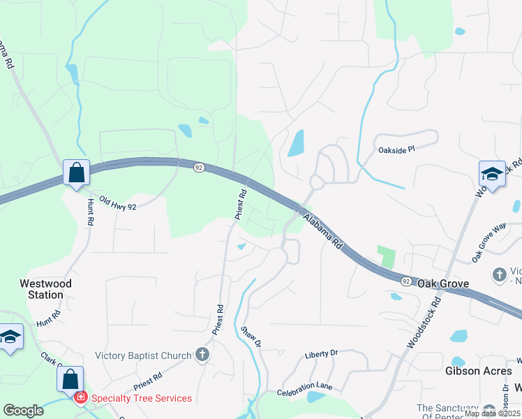 map of restaurants, bars, coffee shops, grocery stores, and more near 125 Priestwood Lane in Acworth