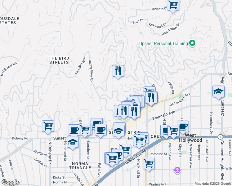 map of restaurants, bars, coffee shops, grocery stores, and more near 1401 Londonderry Place in Los Angeles