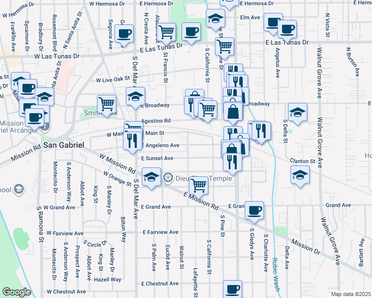 map of restaurants, bars, coffee shops, grocery stores, and more near 424 East Angeleno Avenue in San Gabriel
