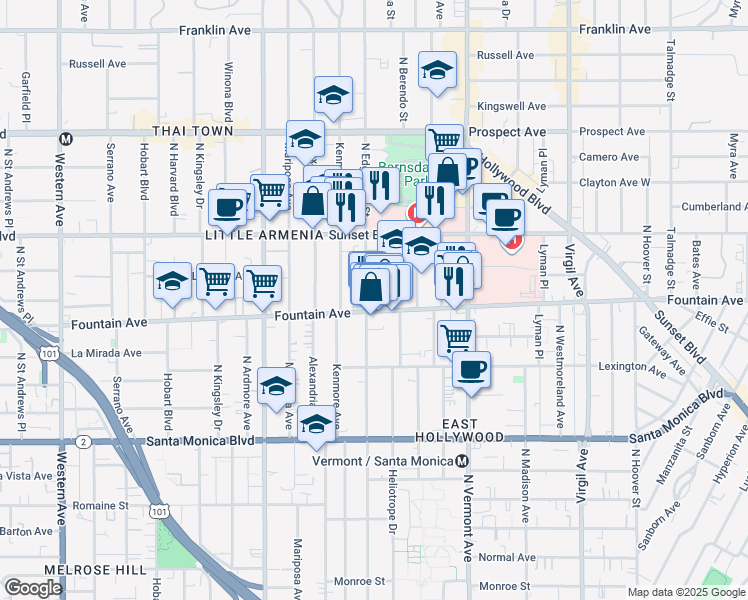 map of restaurants, bars, coffee shops, grocery stores, and more near 1340 North Edgemont Street in Los Angeles
