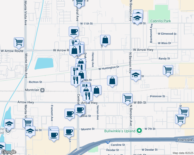 map of restaurants, bars, coffee shops, grocery stores, and more near 230 North Vista Place in Upland
