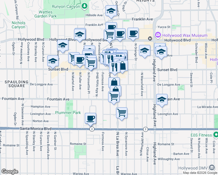 map of restaurants, bars, coffee shops, grocery stores, and more near 1411 North Detroit Street in Los Angeles