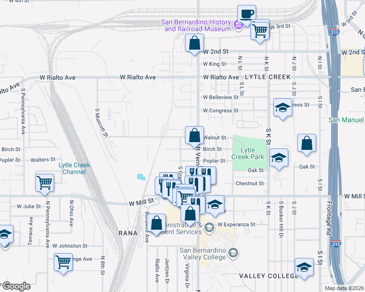 map of restaurants, bars, coffee shops, grocery stores, and more near 1336 Walnut Street in San Bernardino