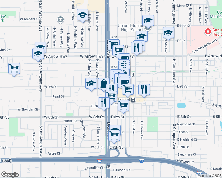 map of restaurants, bars, coffee shops, grocery stores, and more near 204 North Euclid Avenue in Upland