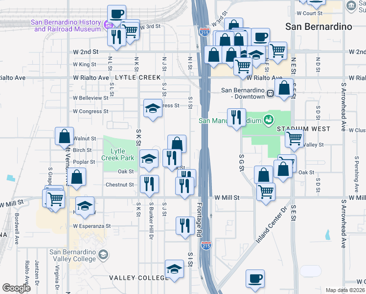 map of restaurants, bars, coffee shops, grocery stores, and more near 346 South I Street in San Bernardino