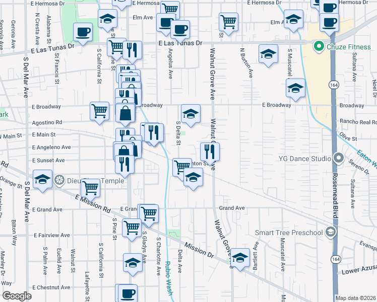 map of restaurants, bars, coffee shops, grocery stores, and more near 8413 Seth Street in San Gabriel
