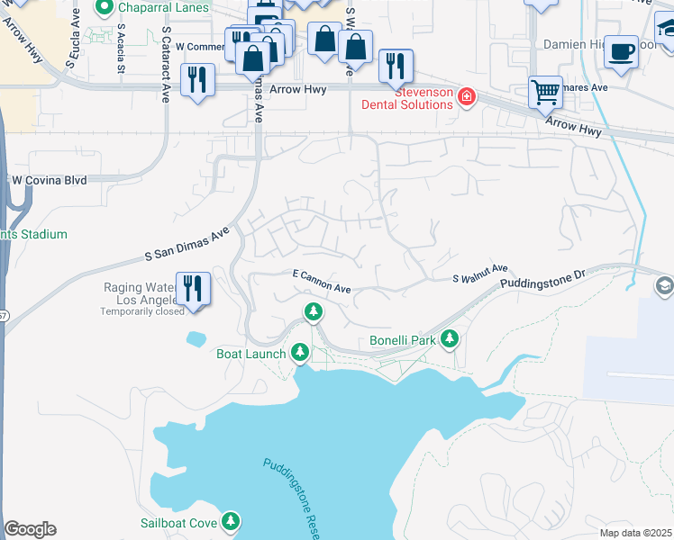 map of restaurants, bars, coffee shops, grocery stores, and more near 770 Tonopah Court in San Dimas
