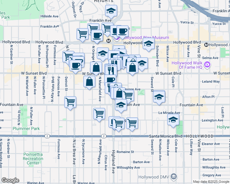 map of restaurants, bars, coffee shops, grocery stores, and more near 1410 North McCadden Place in Los Angeles