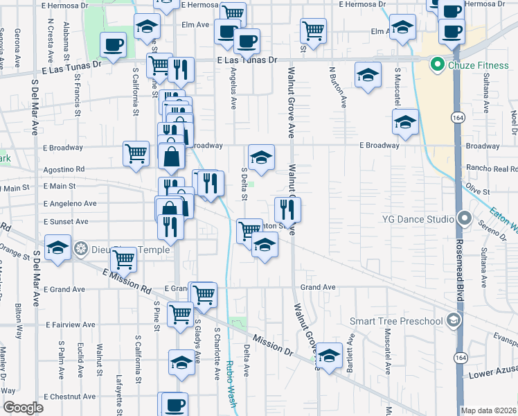 map of restaurants, bars, coffee shops, grocery stores, and more near 8413 Seth Street in San Gabriel