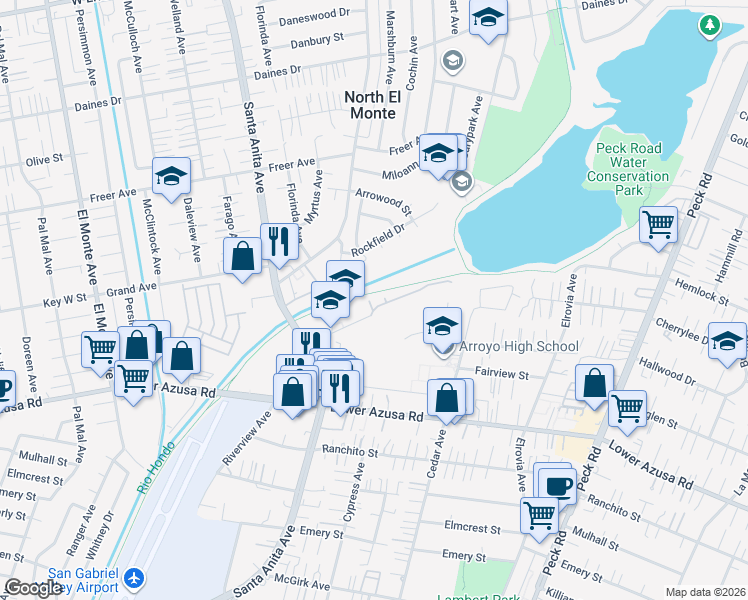 map of restaurants, bars, coffee shops, grocery stores, and more near 5018 Marshburn Avenue in Arcadia