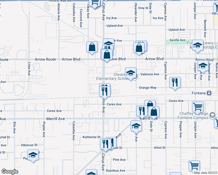 map of restaurants, bars, coffee shops, grocery stores, and more near 16132 Orange Court in Fontana