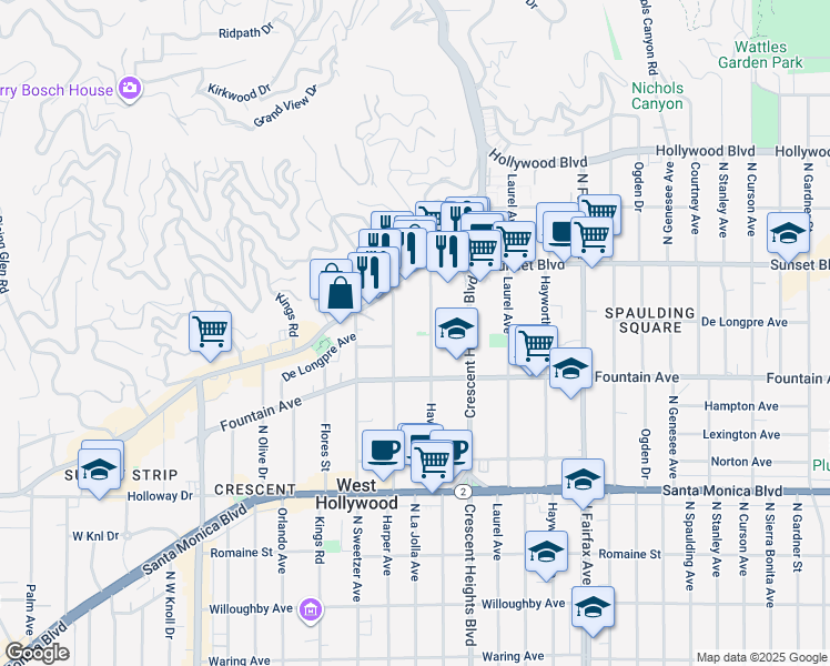 map of restaurants, bars, coffee shops, grocery stores, and more near 1351 Havenhurst Drive in West Hollywood