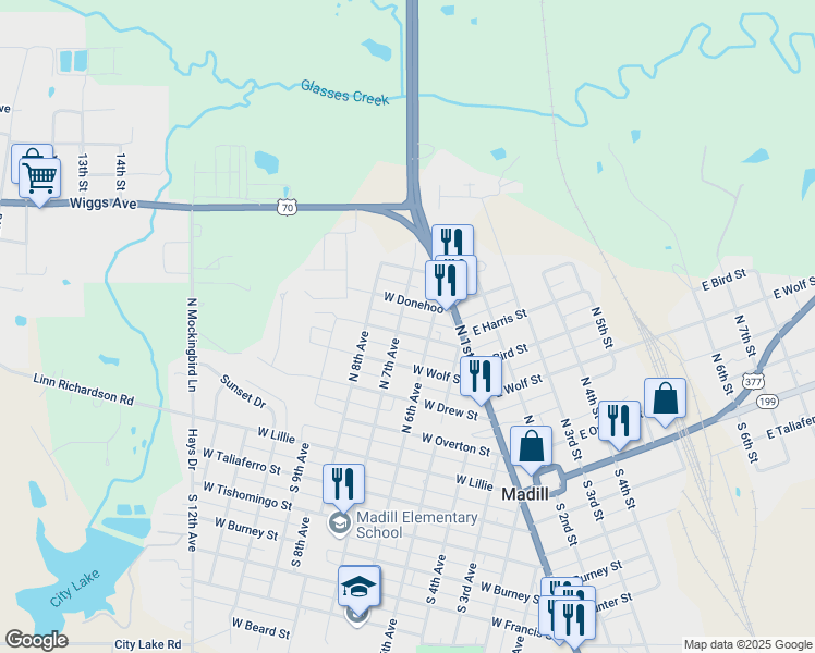 map of restaurants, bars, coffee shops, grocery stores, and more near 707 West Donehoo in Madill