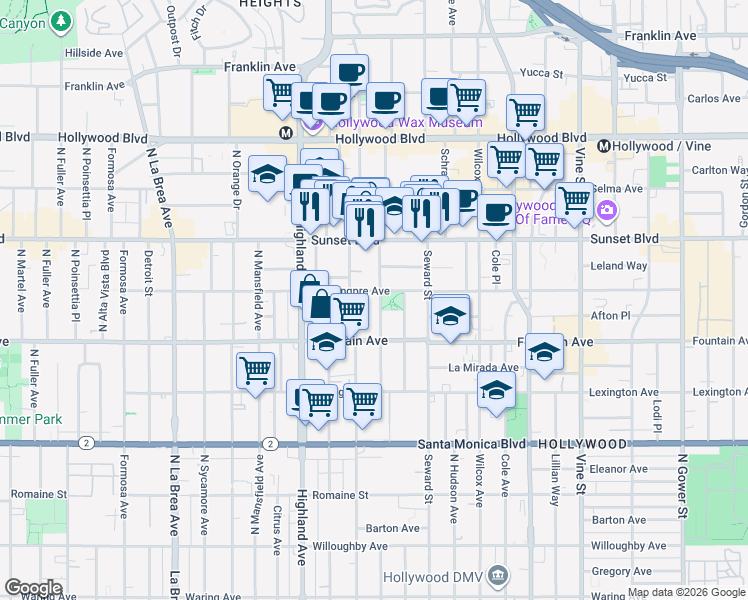 map of restaurants, bars, coffee shops, grocery stores, and more near 6651 De Longpre Avenue in Los Angeles