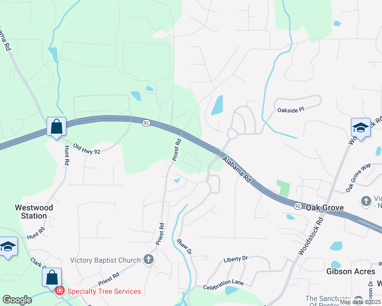 map of restaurants, bars, coffee shops, grocery stores, and more near 121 Priestwood Lane in Acworth