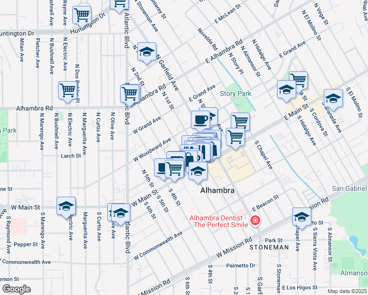 map of restaurants, bars, coffee shops, grocery stores, and more near 112 North 2nd Street in Alhambra