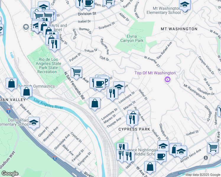 map of restaurants, bars, coffee shops, grocery stores, and more near 3422 Alice Street in Los Angeles