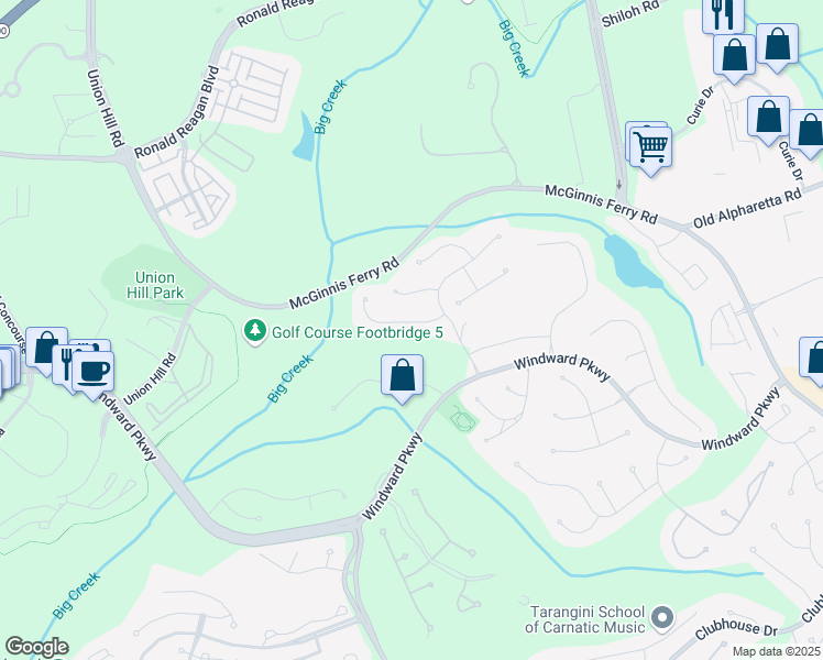 map of restaurants, bars, coffee shops, grocery stores, and more near 1340 Hillcrest Heights in Alpharetta