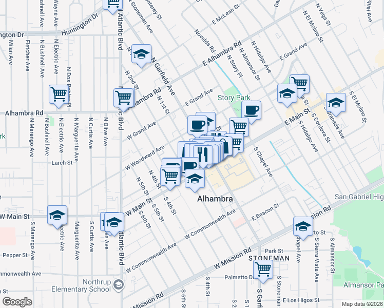 map of restaurants, bars, coffee shops, grocery stores, and more near 123 North Garfield Avenue in Alhambra
