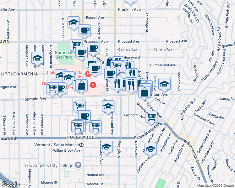 map of restaurants, bars, coffee shops, grocery stores, and more near 1324 North Virgil Avenue in Los Angeles