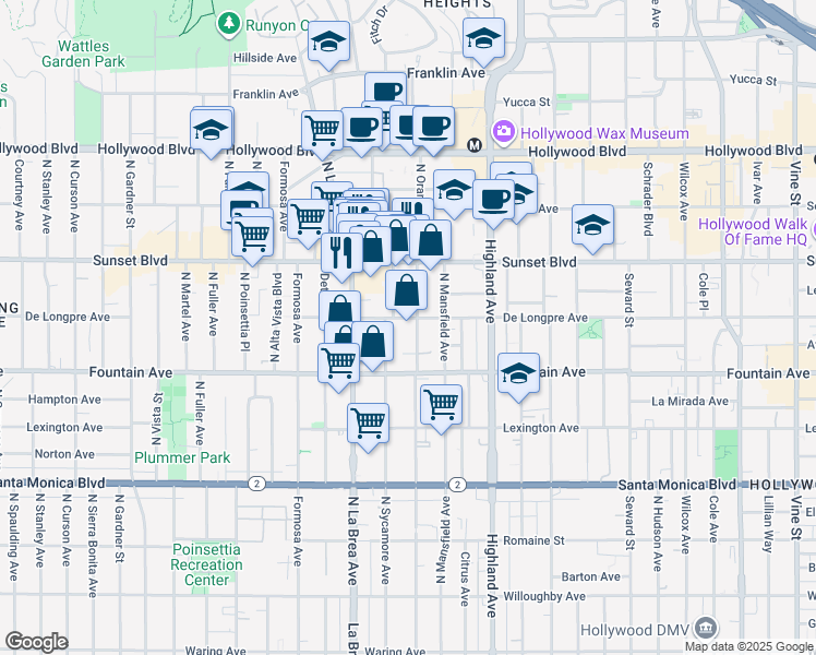 map of restaurants, bars, coffee shops, grocery stores, and more near 1351 North Orange Drive in Los Angeles
