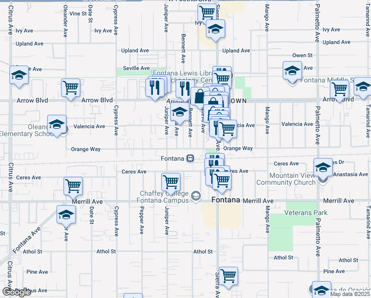 map of restaurants, bars, coffee shops, grocery stores, and more near 16777 Orange Way in Fontana
