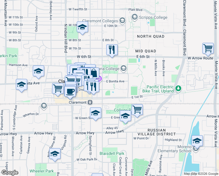 map of restaurants, bars, coffee shops, grocery stores, and more near East 2nd Street in Claremont