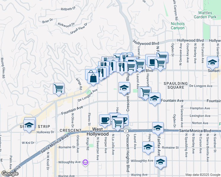 map of restaurants, bars, coffee shops, grocery stores, and more near 1415 Havenhurst Drive in Los Angeles