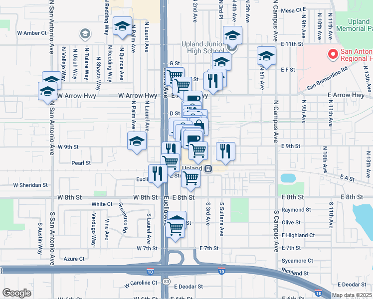 map of restaurants, bars, coffee shops, grocery stores, and more near 180 East C Street in Upland