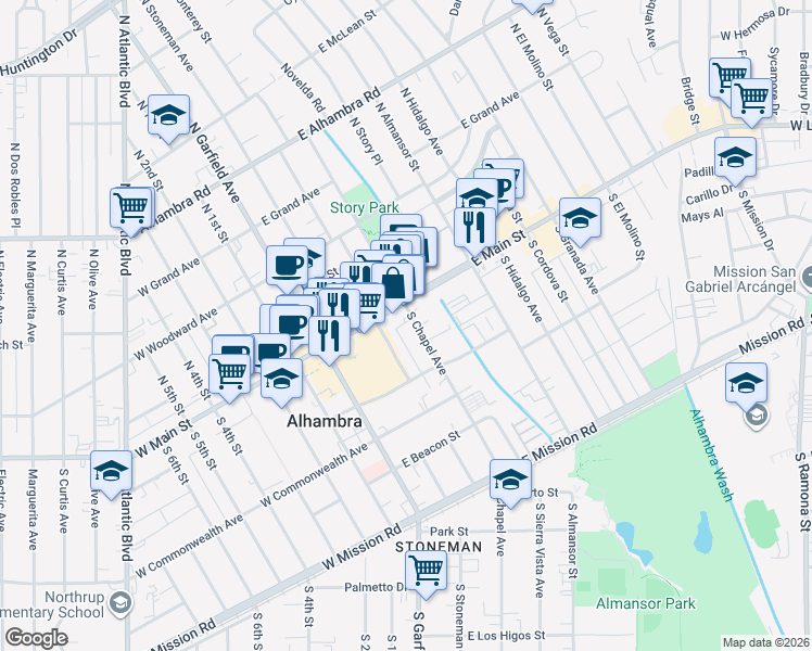 map of restaurants, bars, coffee shops, grocery stores, and more near 243 East Main Street in Alhambra