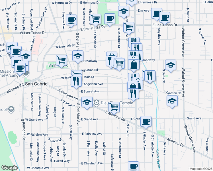 map of restaurants, bars, coffee shops, grocery stores, and more near 424 East Angeleno Avenue in San Gabriel