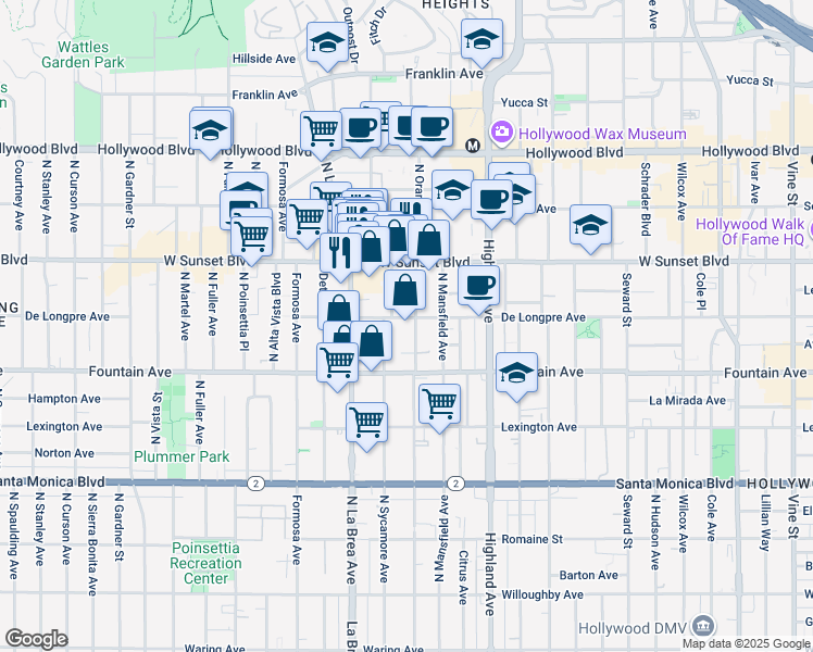 map of restaurants, bars, coffee shops, grocery stores, and more near 1408 North Sycamore Avenue in Los Angeles