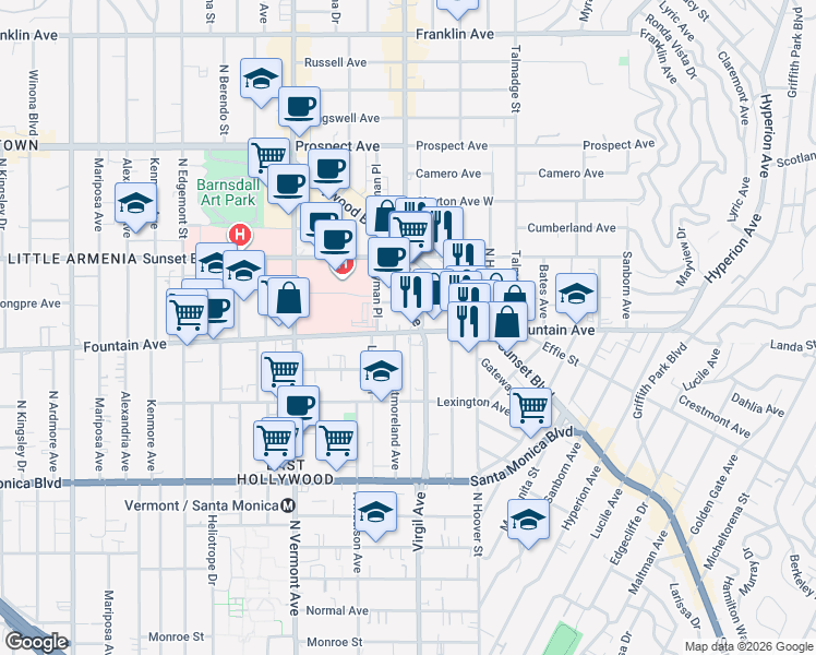map of restaurants, bars, coffee shops, grocery stores, and more near 1324 North Virgil Avenue in Los Angeles