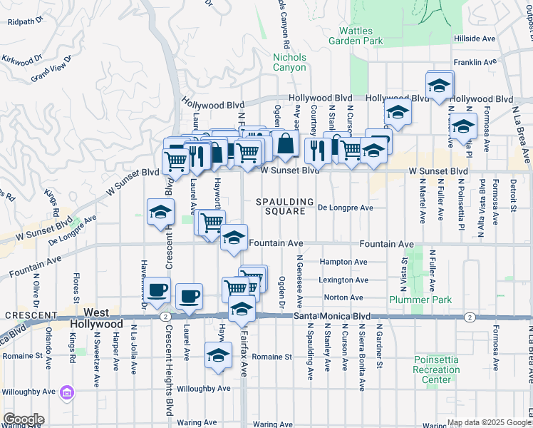 map of restaurants, bars, coffee shops, grocery stores, and more near 1350 North Orange Grove Avenue in Los Angeles