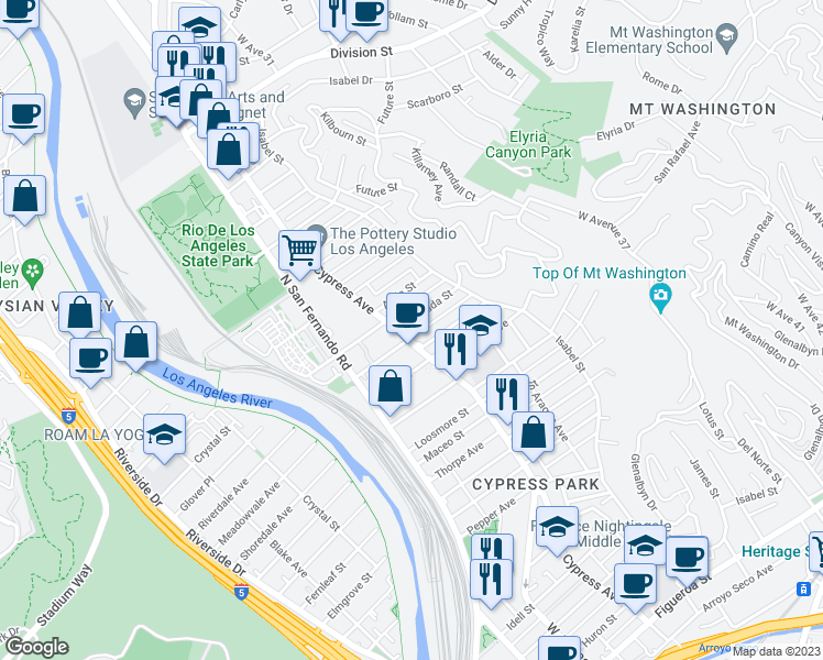map of restaurants, bars, coffee shops, grocery stores, and more near 1225 Cypress Avenue in Los Angeles