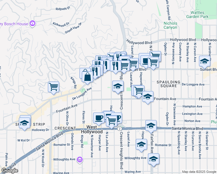 map of restaurants, bars, coffee shops, grocery stores, and more near 1351 Havenhurst Drive in West Hollywood