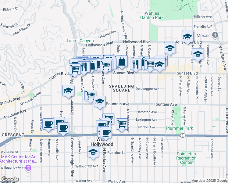 map of restaurants, bars, coffee shops, grocery stores, and more near 1350 North Orange Grove Avenue in Los Angeles