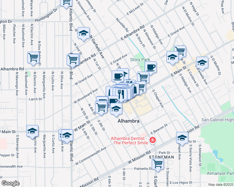 map of restaurants, bars, coffee shops, grocery stores, and more near 123 North Garfield Avenue in Alhambra