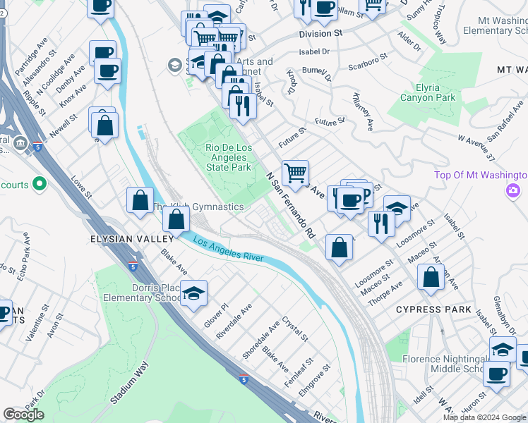map of restaurants, bars, coffee shops, grocery stores, and more near 2700 East Chaucer Street in Los Angeles