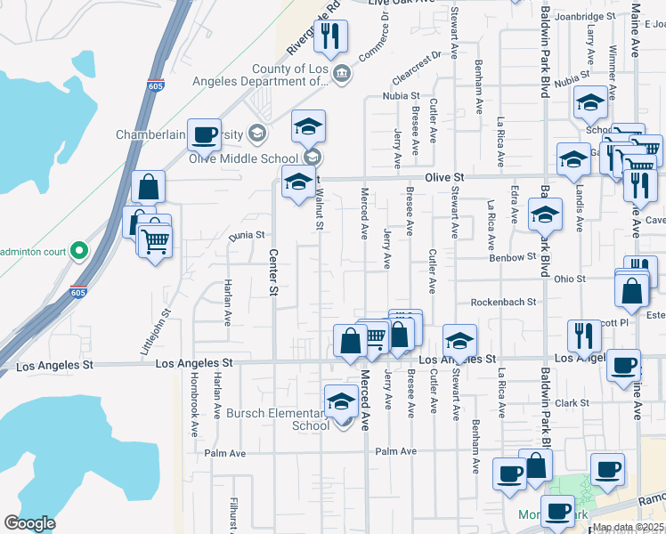 map of restaurants, bars, coffee shops, grocery stores, and more near 4612 Walnut Street in Baldwin Park