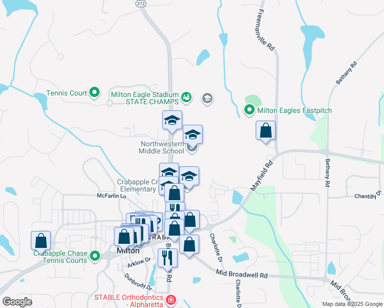 map of restaurants, bars, coffee shops, grocery stores, and more near 12805 Birmingham Highway in Alpharetta