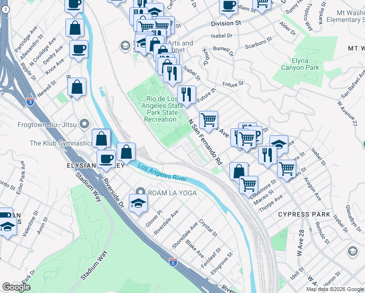 map of restaurants, bars, coffee shops, grocery stores, and more near 2700 East Chaucer Street in Los Angeles
