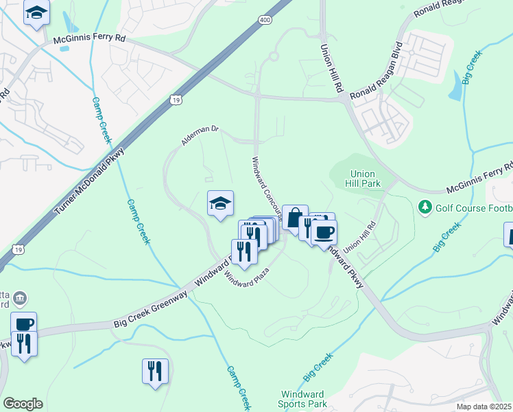 map of restaurants, bars, coffee shops, grocery stores, and more near 1000 Windward Concourse in Alpharetta