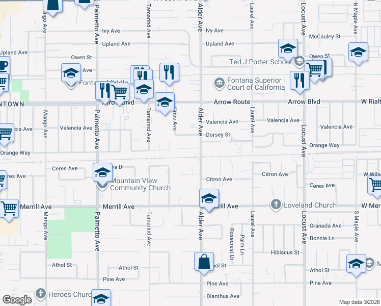 map of restaurants, bars, coffee shops, grocery stores, and more near 17698 Orange Court in Fontana