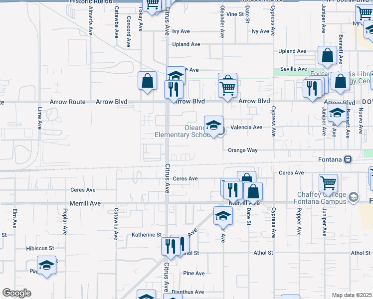 map of restaurants, bars, coffee shops, grocery stores, and more near 16184 Orange Court in Fontana