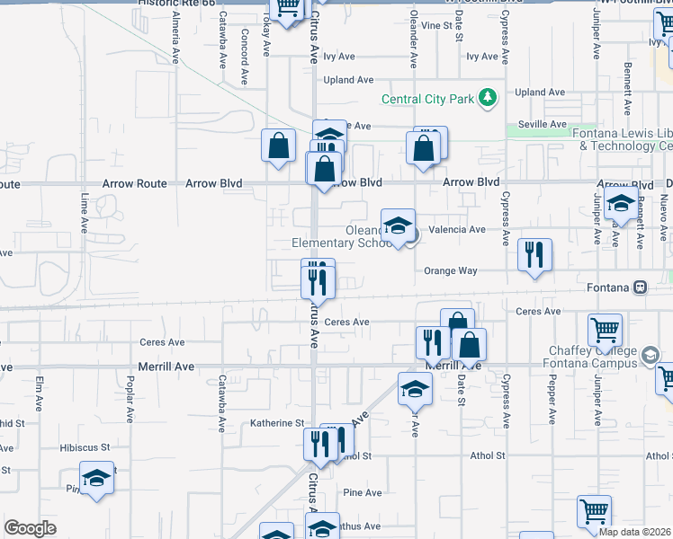 map of restaurants, bars, coffee shops, grocery stores, and more near 16132 Orange Court in Fontana