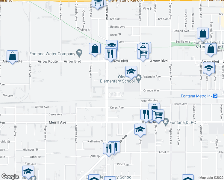 map of restaurants, bars, coffee shops, grocery stores, and more near 16132 Orange Court in Fontana