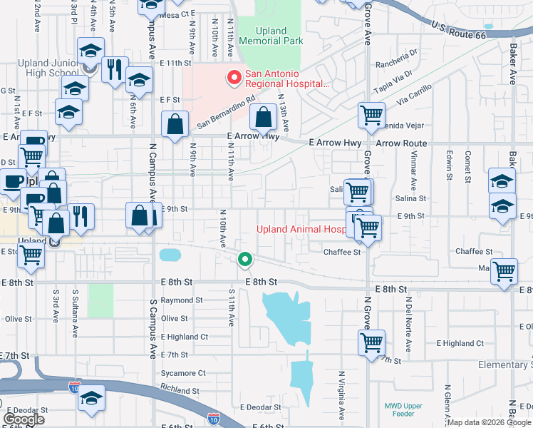 map of restaurants, bars, coffee shops, grocery stores, and more near 1241 East 9th Street in Upland