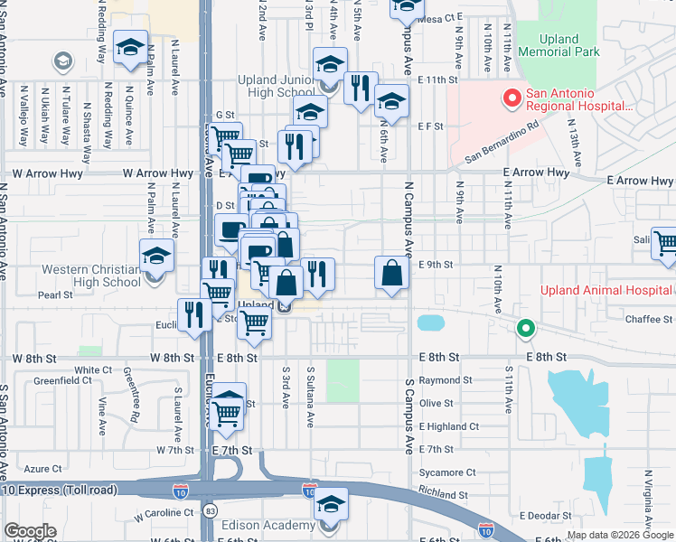map of restaurants, bars, coffee shops, grocery stores, and more near 475 East 9th Street in Upland